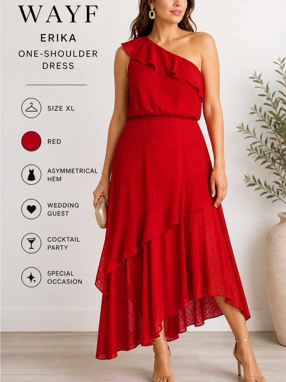 WAYF Erika One-Shoulder Red Midi Dress | Size XL | Elegant Occasion Dress